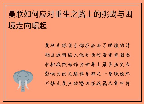 曼联如何应对重生之路上的挑战与困境走向崛起