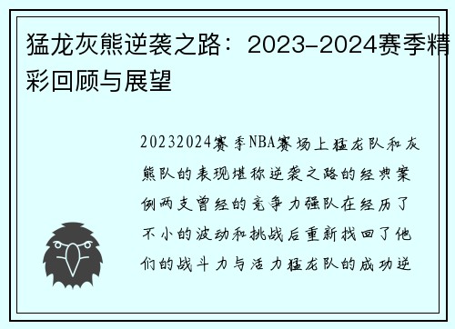 猛龙灰熊逆袭之路：2023-2024赛季精彩回顾与展望